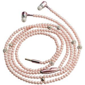 Earphones Earbuds Pink Faux Pearl Strings Jeweled Rhinestone Accents 46-inch